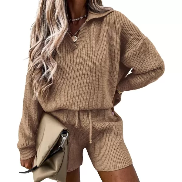 PRETTYGARDEN Womens 2 Piece Outfits 2024 Winter Long Sleeve V Neck Knit Pullover And Shorts Sweater Tracksuit SetsKhaki