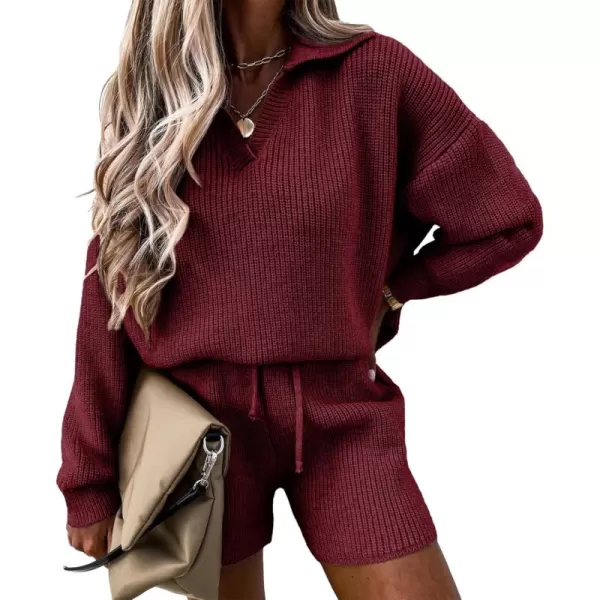 PRETTYGARDEN Womens 2 Piece Outfits 2024 Winter Long Sleeve V Neck Knit Pullover And Shorts Sweater Tracksuit SetsWine Red