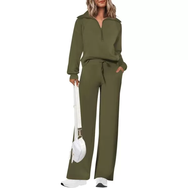 PRETTYGARDEN Womens 2 Piece Outfits Casual Lapel Half Zip Sweatshirts And Wide Leg Pants Tracksuit SetsArmy Green