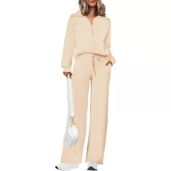 PRETTYGARDEN Womens 2 Piece Outfits Casual Lapel Half Zip Sweatshirts And Wide Leg Pants Tracksuit SetsBeige