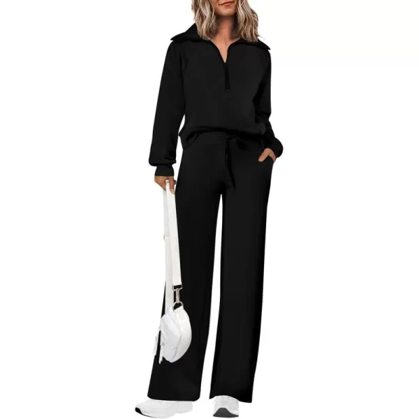 PRETTYGARDEN Womens 2 Piece Outfits Casual Lapel Half Zip Sweatshirts And Wide Leg Pants Tracksuit SetsBlack