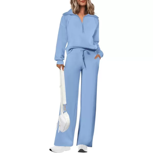 PRETTYGARDEN Womens 2 Piece Outfits Casual Lapel Half Zip Sweatshirts And Wide Leg Pants Tracksuit SetsBlue