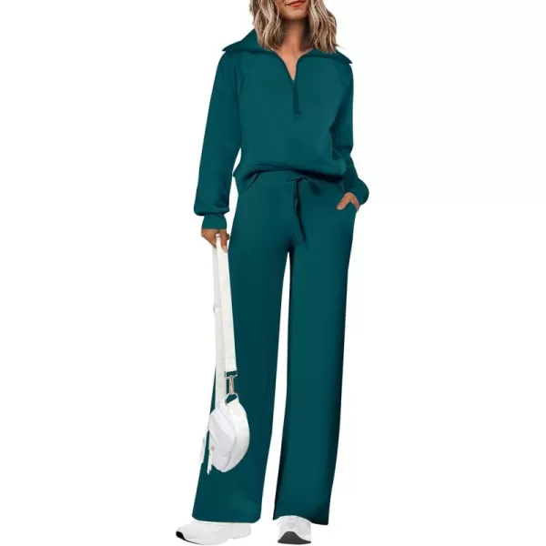 PRETTYGARDEN Womens 2 Piece Outfits Casual Lapel Half Zip Sweatshirts And Wide Leg Pants Tracksuit SetsBlue Green