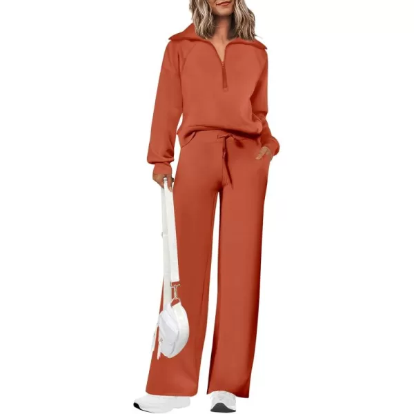 PRETTYGARDEN Womens 2 Piece Outfits Casual Lapel Half Zip Sweatshirts And Wide Leg Pants Tracksuit SetsBrick Red