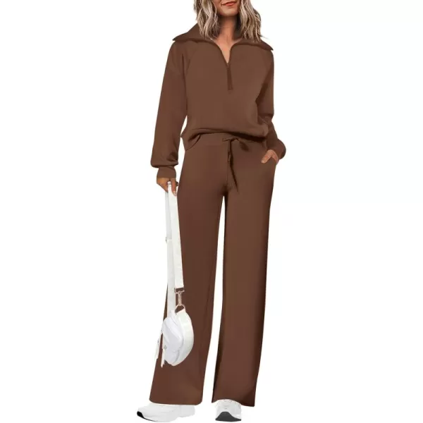 PRETTYGARDEN Womens 2 Piece Outfits Casual Lapel Half Zip Sweatshirts And Wide Leg Pants Tracksuit SetsBrown
