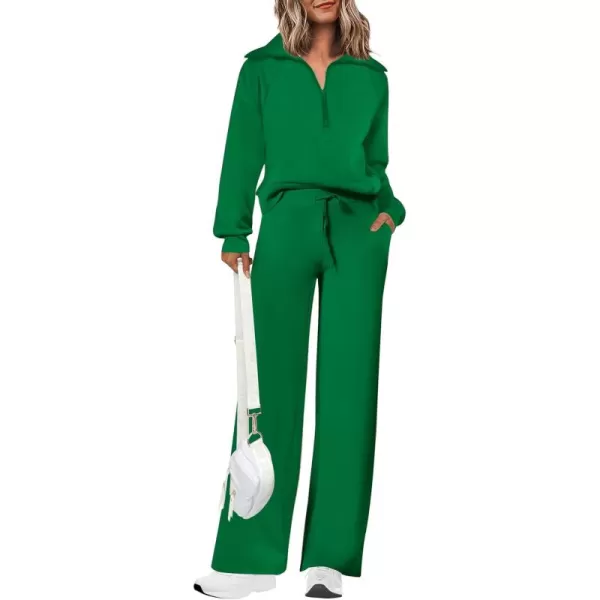 PRETTYGARDEN Womens 2 Piece Outfits Casual Lapel Half Zip Sweatshirts And Wide Leg Pants Tracksuit SetsGreen
