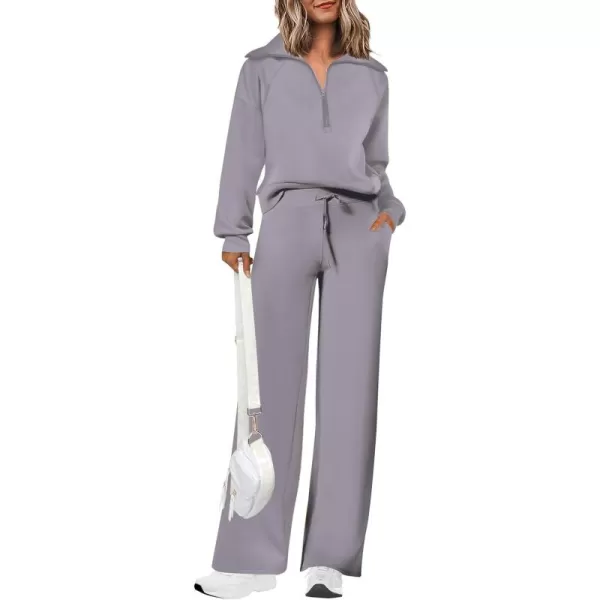 PRETTYGARDEN Womens 2 Piece Outfits Casual Lapel Half Zip Sweatshirts And Wide Leg Pants Tracksuit SetsGrey
