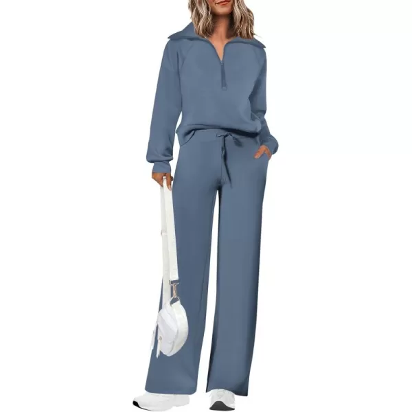 PRETTYGARDEN Womens 2 Piece Outfits Casual Lapel Half Zip Sweatshirts And Wide Leg Pants Tracksuit SetsGrey Blue
