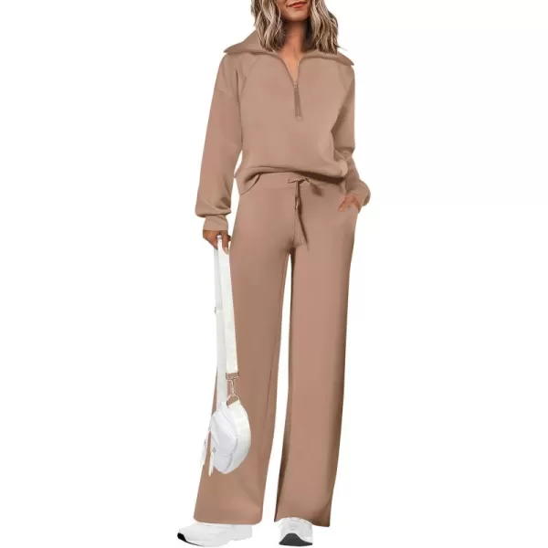 PRETTYGARDEN Womens 2 Piece Outfits Casual Lapel Half Zip Sweatshirts And Wide Leg Pants Tracksuit SetsKhaki