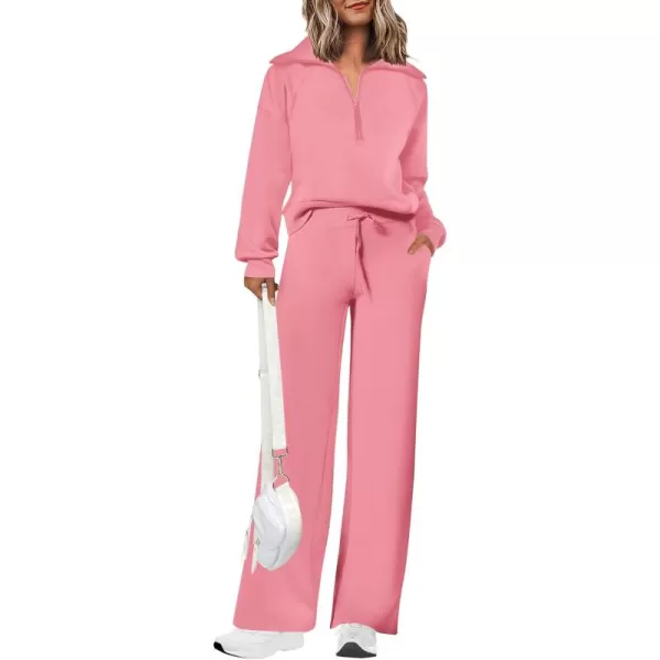 PRETTYGARDEN Womens 2 Piece Outfits Casual Lapel Half Zip Sweatshirts And Wide Leg Pants Tracksuit SetsPink