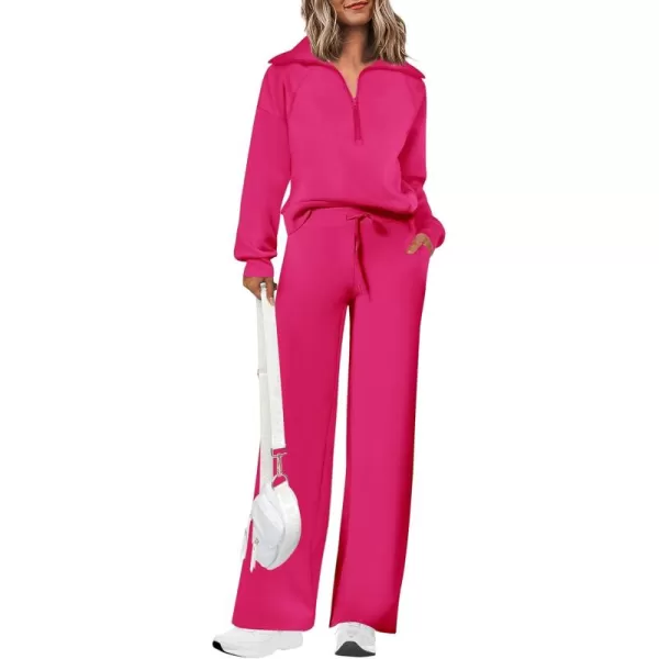 PRETTYGARDEN Womens 2 Piece Outfits Casual Lapel Half Zip Sweatshirts And Wide Leg Pants Tracksuit SetsRose Red