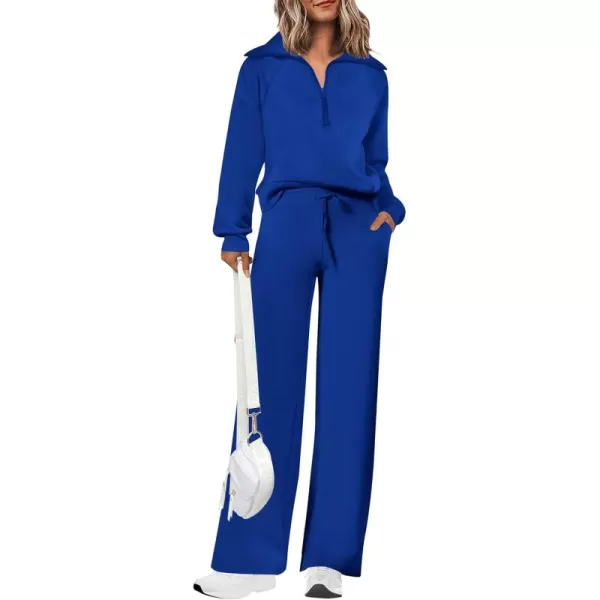 PRETTYGARDEN Womens 2 Piece Outfits Casual Lapel Half Zip Sweatshirts And Wide Leg Pants Tracksuit SetsRoyal Blue