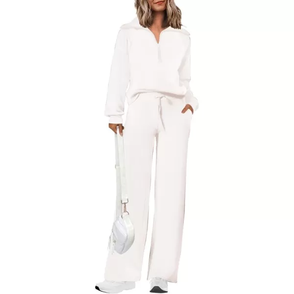 PRETTYGARDEN Womens 2 Piece Outfits Casual Lapel Half Zip Sweatshirts And Wide Leg Pants Tracksuit SetsWhite