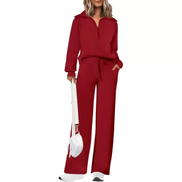 PRETTYGARDEN Womens 2 Piece Outfits Casual Lapel Half Zip Sweatshirts And Wide Leg Pants Tracksuit SetsWine Red