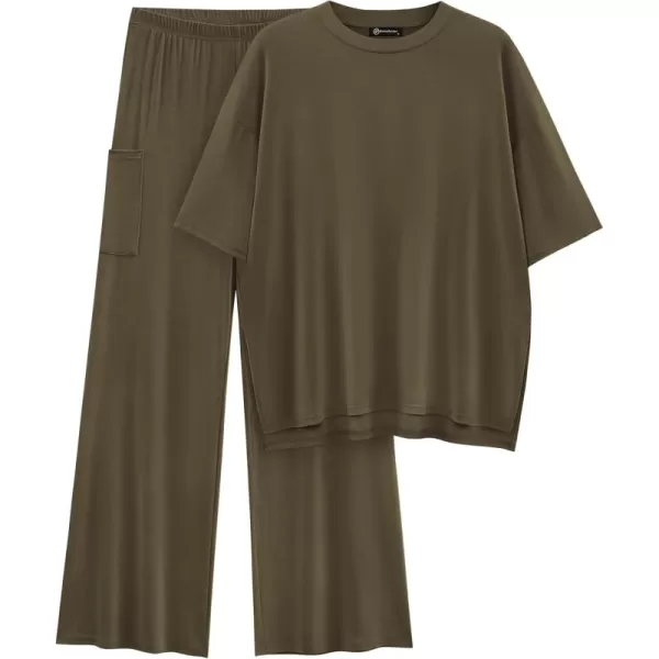 PRETTYGARDEN Womens 2 Piece Outfits Casual Short Sleeve Pullover Tops and Wide Leg Pants Lounge Sets TracksuitsArmy Green