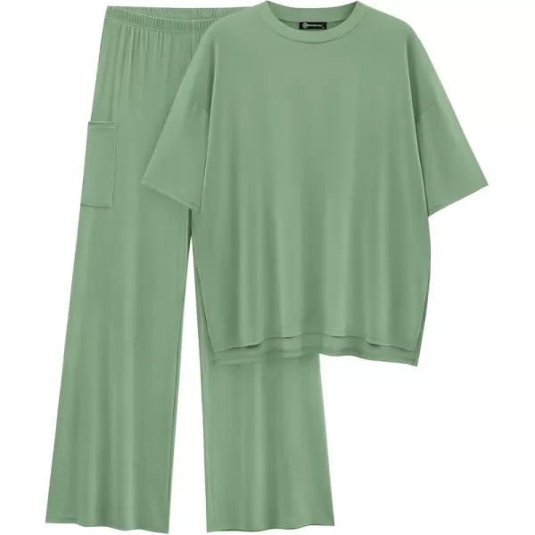PRETTYGARDEN Womens 2 Piece Outfits Casual Short Sleeve Pullover Tops and Wide Leg Pants Lounge Sets TracksuitsBean Green