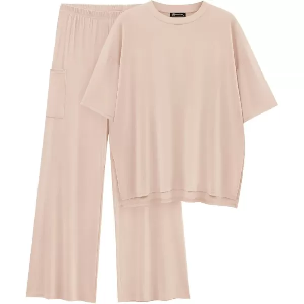 PRETTYGARDEN Womens 2 Piece Outfits Casual Short Sleeve Pullover Tops and Wide Leg Pants Lounge Sets TracksuitsBeige