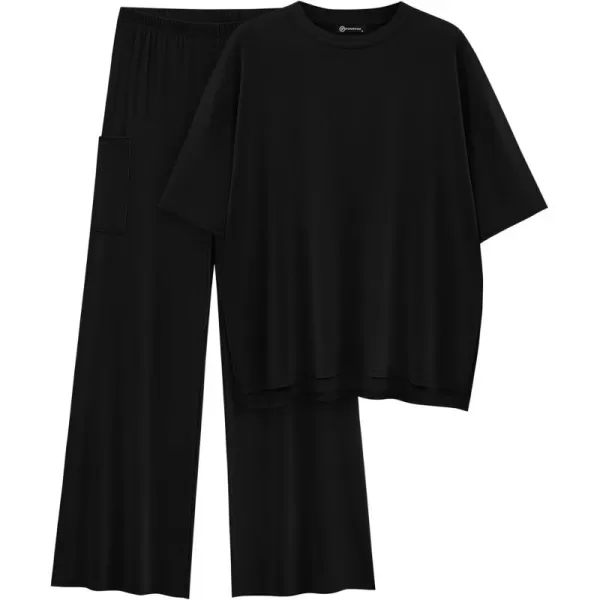 PRETTYGARDEN Womens 2 Piece Outfits Casual Short Sleeve Pullover Tops and Wide Leg Pants Lounge Sets TracksuitsBlack