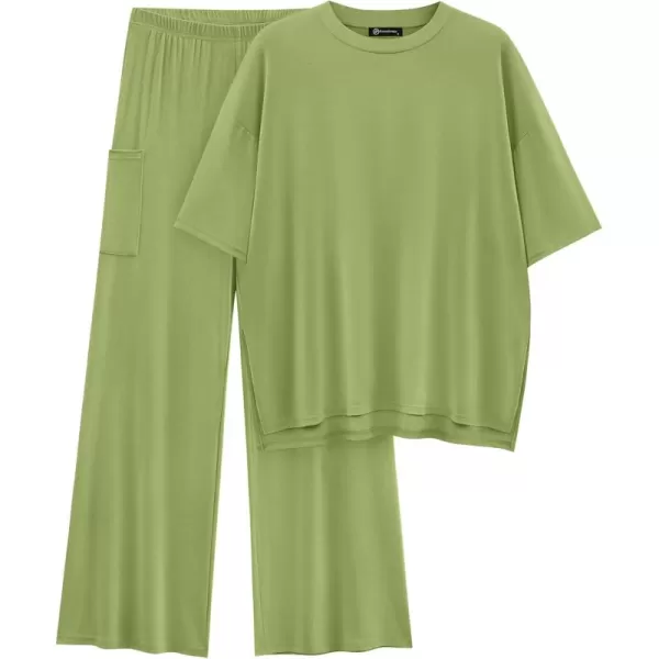 PRETTYGARDEN Womens 2 Piece Outfits Casual Short Sleeve Pullover Tops and Wide Leg Pants Lounge Sets TracksuitsLight Green