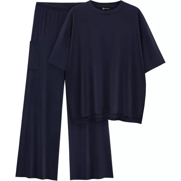 PRETTYGARDEN Womens 2 Piece Outfits Casual Short Sleeve Pullover Tops and Wide Leg Pants Lounge Sets TracksuitsNavy