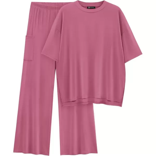 PRETTYGARDEN Womens 2 Piece Outfits Casual Short Sleeve Pullover Tops and Wide Leg Pants Lounge Sets TracksuitsPink
