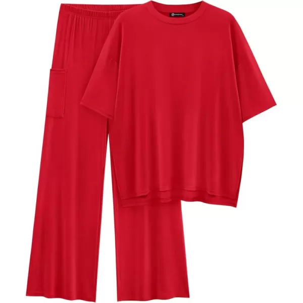 PRETTYGARDEN Womens 2 Piece Outfits Casual Short Sleeve Pullover Tops and Wide Leg Pants Lounge Sets TracksuitsRed