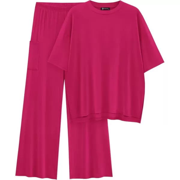 PRETTYGARDEN Womens 2 Piece Outfits Casual Short Sleeve Pullover Tops and Wide Leg Pants Lounge Sets TracksuitsRose Red