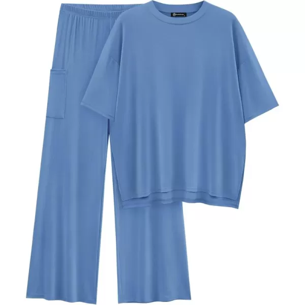 PRETTYGARDEN Womens 2 Piece Outfits Casual Short Sleeve Pullover Tops and Wide Leg Pants Lounge Sets TracksuitsSky Blue