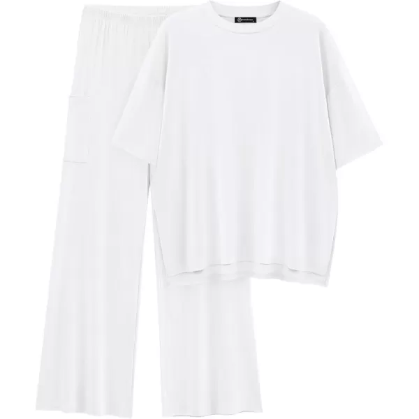 PRETTYGARDEN Womens 2 Piece Outfits Casual Short Sleeve Pullover Tops and Wide Leg Pants Lounge Sets TracksuitsWhite