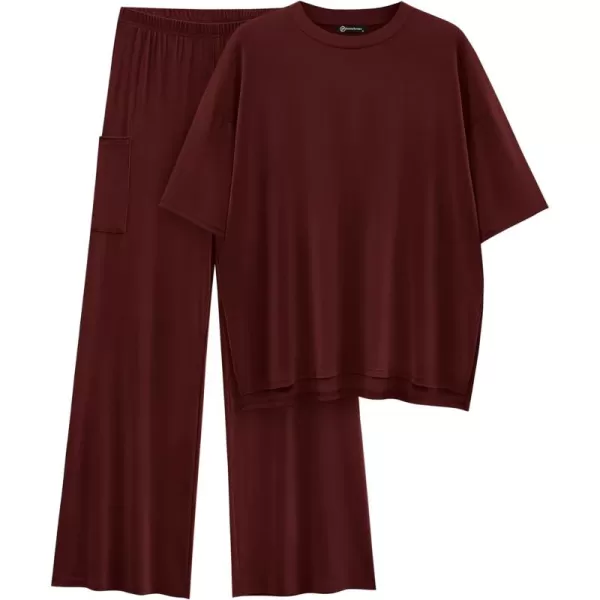 PRETTYGARDEN Womens 2 Piece Outfits Casual Short Sleeve Pullover Tops and Wide Leg Pants Lounge Sets TracksuitsWine Red