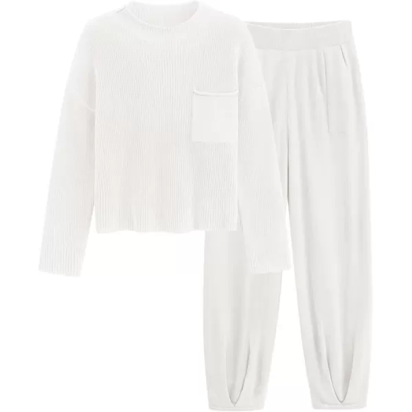 PRETTYGARDEN Womens Fall 2 Piece Sweater Set Casual Pullover Top High Waisted Sweatpants Tracksuit Lounge OutfitsBeige White