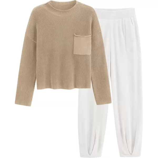 PRETTYGARDEN Womens Fall 2 Piece Sweater Set Casual Pullover Top High Waisted Sweatpants Tracksuit Lounge OutfitsKhaki Beige White