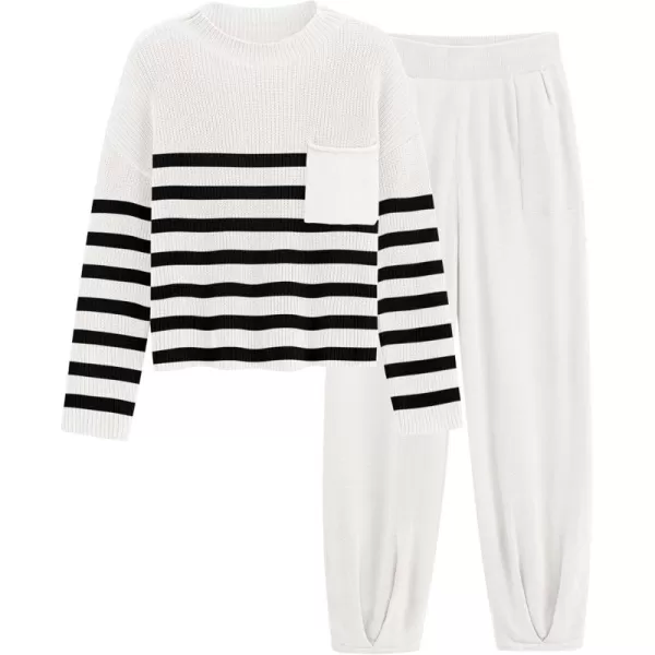 PRETTYGARDEN Womens Fall 2 Piece Sweater Set Casual Pullover Top High Waisted Sweatpants Tracksuit Lounge OutfitsStriped White