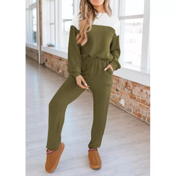 PRETTYGARDEN Lounge Sets for Women Fall 2024 Matching Sets 2 Piece Outfit Long Sleeve Ribbed Color Block SweatsuitsArmy Green
