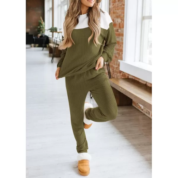 PRETTYGARDEN Lounge Sets for Women Fall 2024 Matching Sets 2 Piece Outfit Long Sleeve Ribbed Color Block SweatsuitsArmy Green