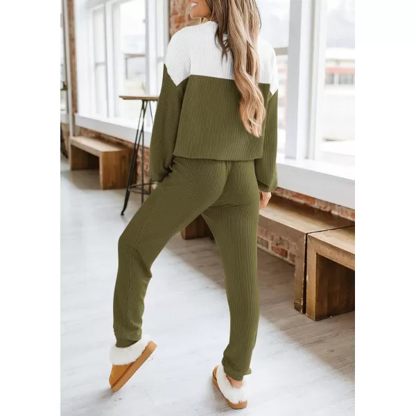 PRETTYGARDEN Lounge Sets for Women Fall 2024 Matching Sets 2 Piece Outfit Long Sleeve Ribbed Color Block SweatsuitsArmy Green
