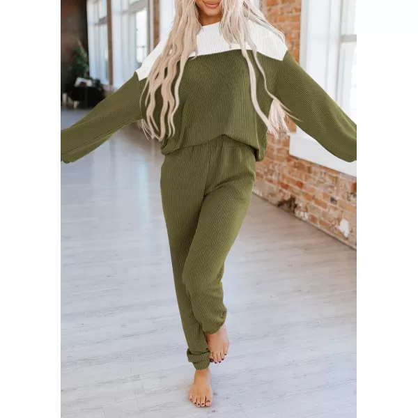 PRETTYGARDEN Lounge Sets for Women Fall 2024 Matching Sets 2 Piece Outfit Long Sleeve Ribbed Color Block SweatsuitsArmy Green