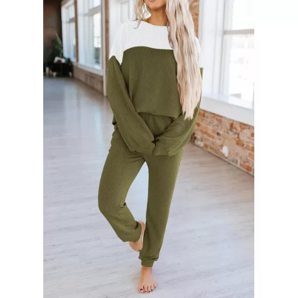 PRETTYGARDEN Lounge Sets for Women Fall 2024 Matching Sets 2 Piece Outfit Long Sleeve Ribbed Color Block SweatsuitsArmy Green