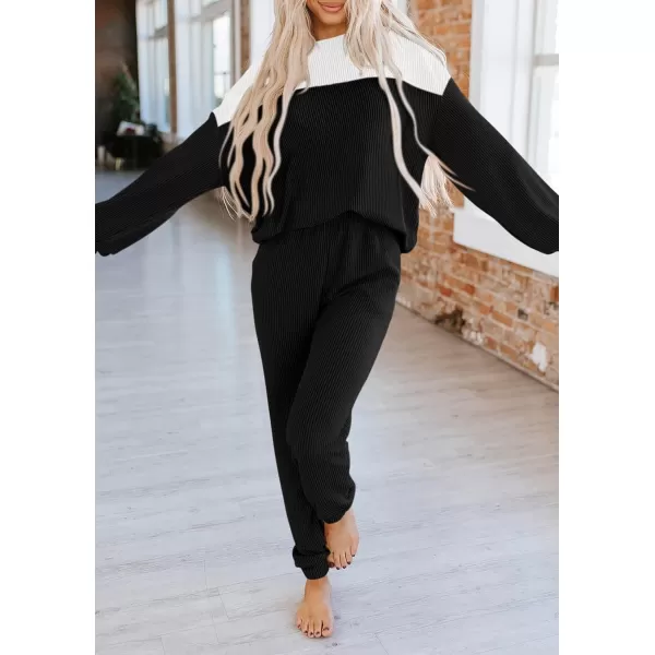 PRETTYGARDEN Lounge Sets for Women Fall 2024 Matching Sets 2 Piece Outfit Long Sleeve Ribbed Color Block SweatsuitsBlack