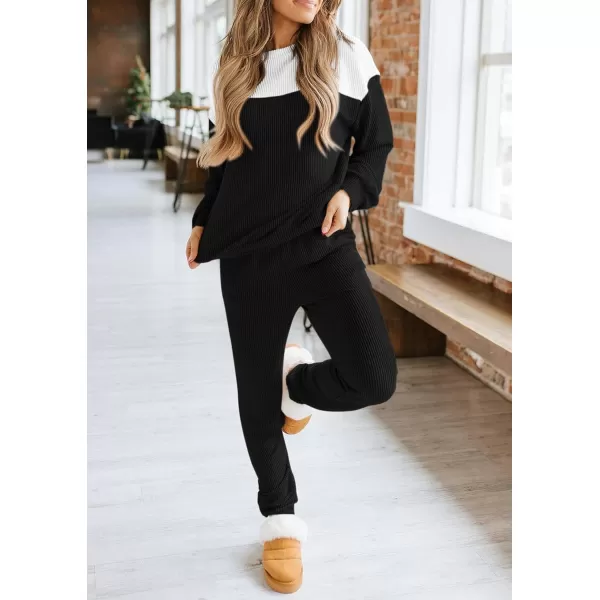 PRETTYGARDEN Lounge Sets for Women Fall 2024 Matching Sets 2 Piece Outfit Long Sleeve Ribbed Color Block SweatsuitsBlack