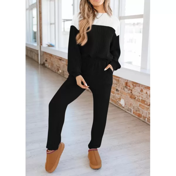 PRETTYGARDEN Lounge Sets for Women Fall 2024 Matching Sets 2 Piece Outfit Long Sleeve Ribbed Color Block SweatsuitsBlack