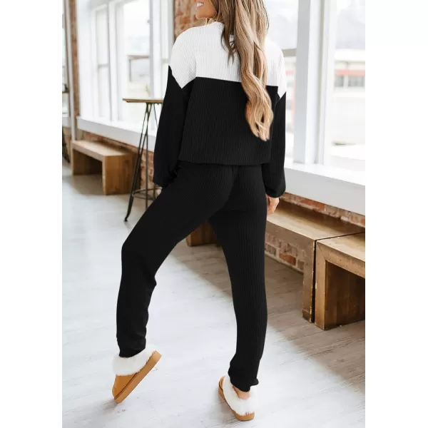 PRETTYGARDEN Lounge Sets for Women Fall 2024 Matching Sets 2 Piece Outfit Long Sleeve Ribbed Color Block SweatsuitsBlack