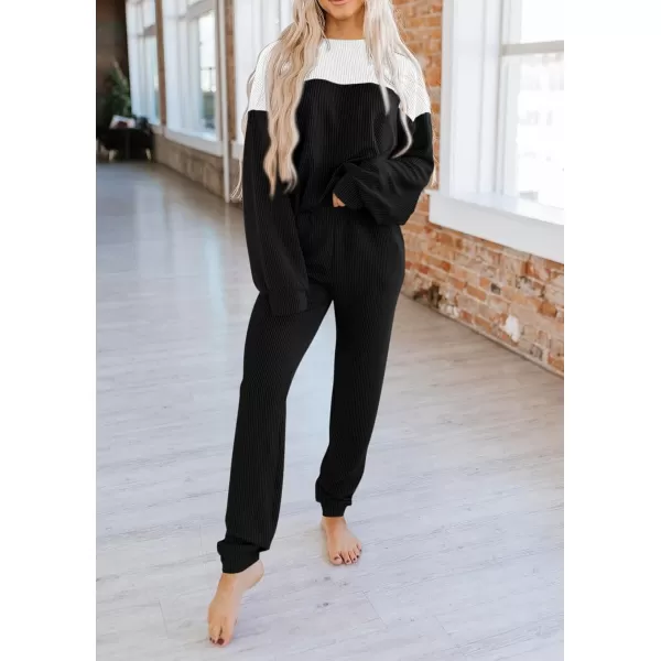 PRETTYGARDEN Lounge Sets for Women Fall 2024 Matching Sets 2 Piece Outfit Long Sleeve Ribbed Color Block SweatsuitsBlack