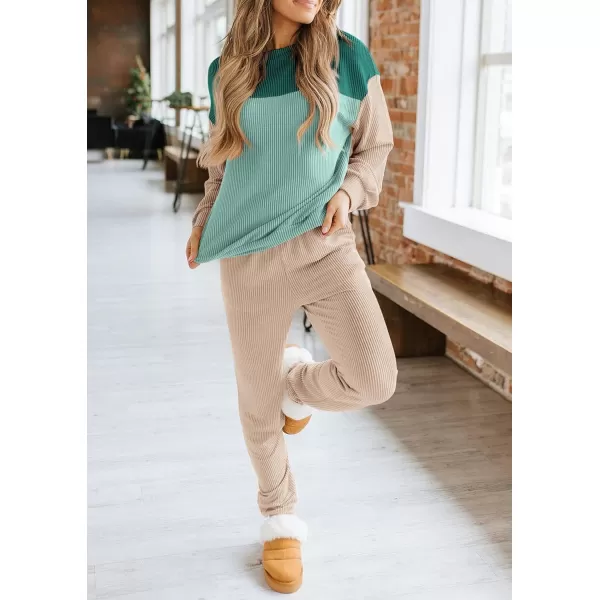 PRETTYGARDEN Lounge Sets for Women Fall 2024 Matching Sets 2 Piece Outfit Long Sleeve Ribbed Color Block SweatsuitsBlue Green Beige