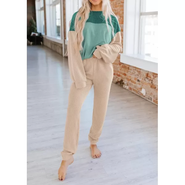 PRETTYGARDEN Lounge Sets for Women Fall 2024 Matching Sets 2 Piece Outfit Long Sleeve Ribbed Color Block SweatsuitsBlue Green Beige