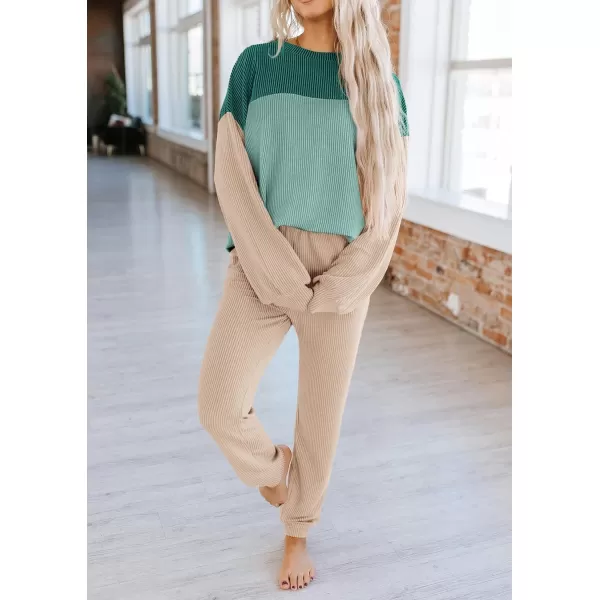 PRETTYGARDEN Lounge Sets for Women Fall 2024 Matching Sets 2 Piece Outfit Long Sleeve Ribbed Color Block SweatsuitsBlue Green Beige