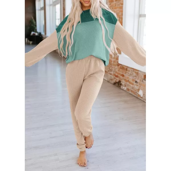 PRETTYGARDEN Lounge Sets for Women Fall 2024 Matching Sets 2 Piece Outfit Long Sleeve Ribbed Color Block SweatsuitsBlue Green Beige