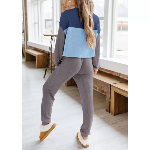 PRETTYGARDEN Lounge Sets for Women Fall 2024 Matching Sets 2 Piece Outfit Long Sleeve Ribbed Color Block SweatsuitsBlue Grey