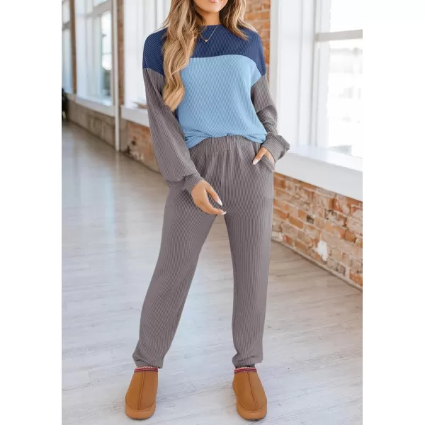 PRETTYGARDEN Lounge Sets for Women Fall 2024 Matching Sets 2 Piece Outfit Long Sleeve Ribbed Color Block SweatsuitsBlue Grey