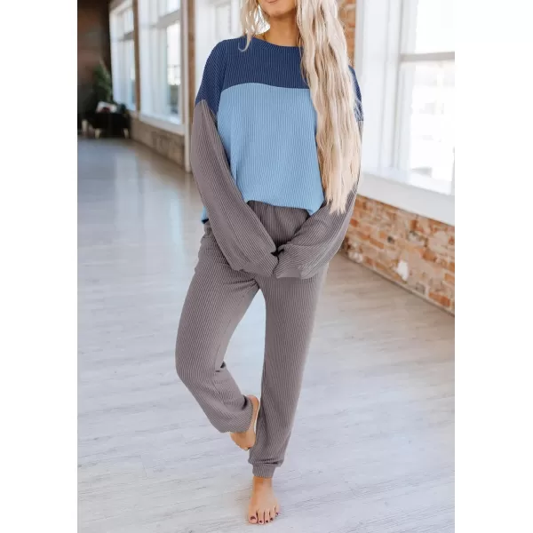 PRETTYGARDEN Lounge Sets for Women Fall 2024 Matching Sets 2 Piece Outfit Long Sleeve Ribbed Color Block SweatsuitsBlue Grey